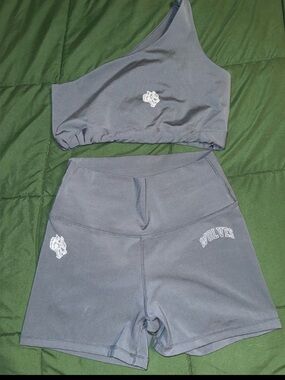 Darc Sport One-Shoulder Crop Top & High-Waist Shorts Set - Gray